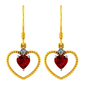 22k Heart Shaped Gold Earrings With A Red Stone