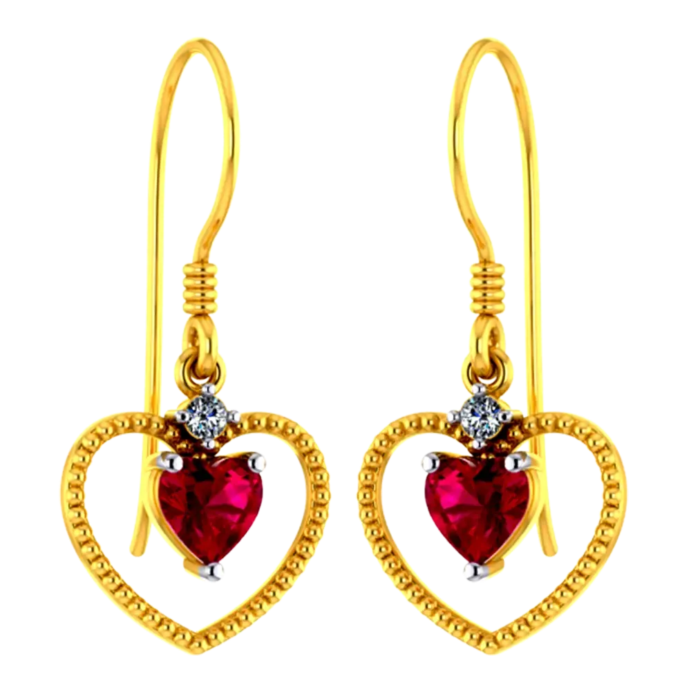 22k Heart Shaped Gold Earrings With A Red Stone