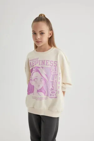 Defacto Girl's Beige Relax Fit Crew Neck Sweatshirt