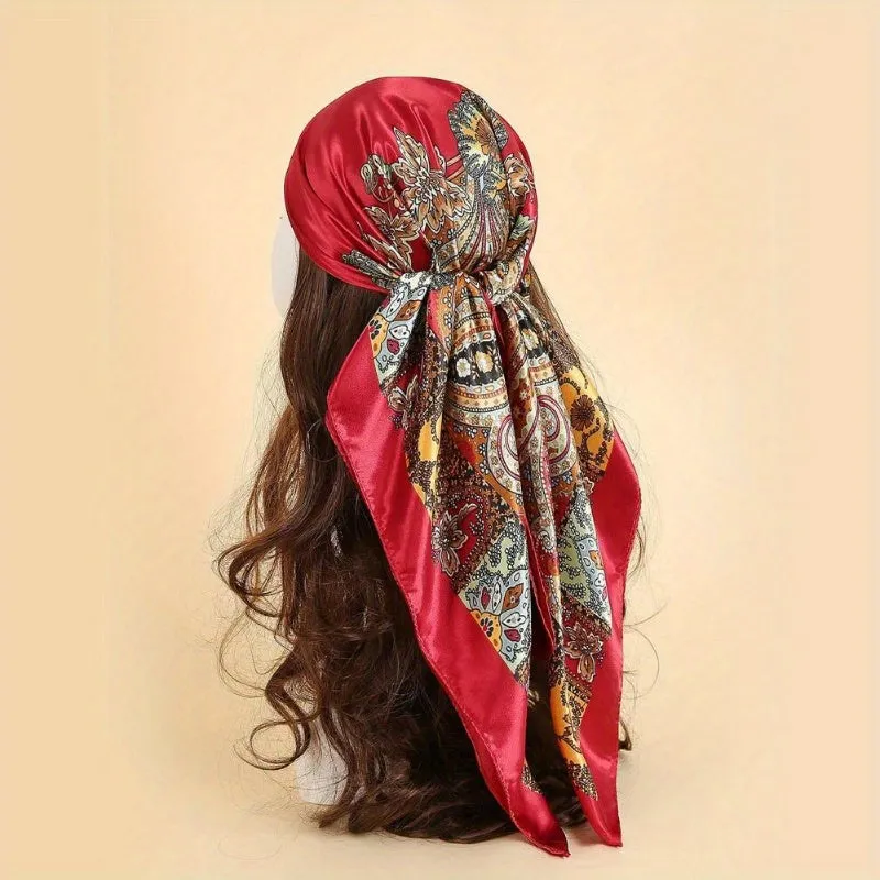 Elegant Satin Square Scarf Vintage Paisley Print Bandana