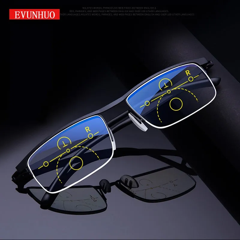 Evun Huo Unisex Full Rim Square Stainless Steel Progressive Reading Glasses 0998