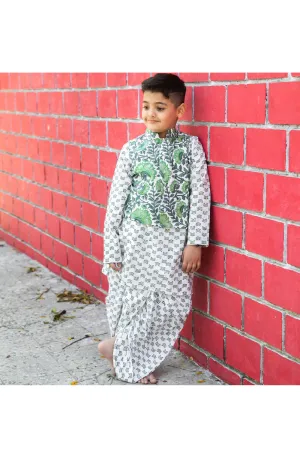 Green Hand Block Printed Kurta And Pyjama With Floral Printed Jacket Set