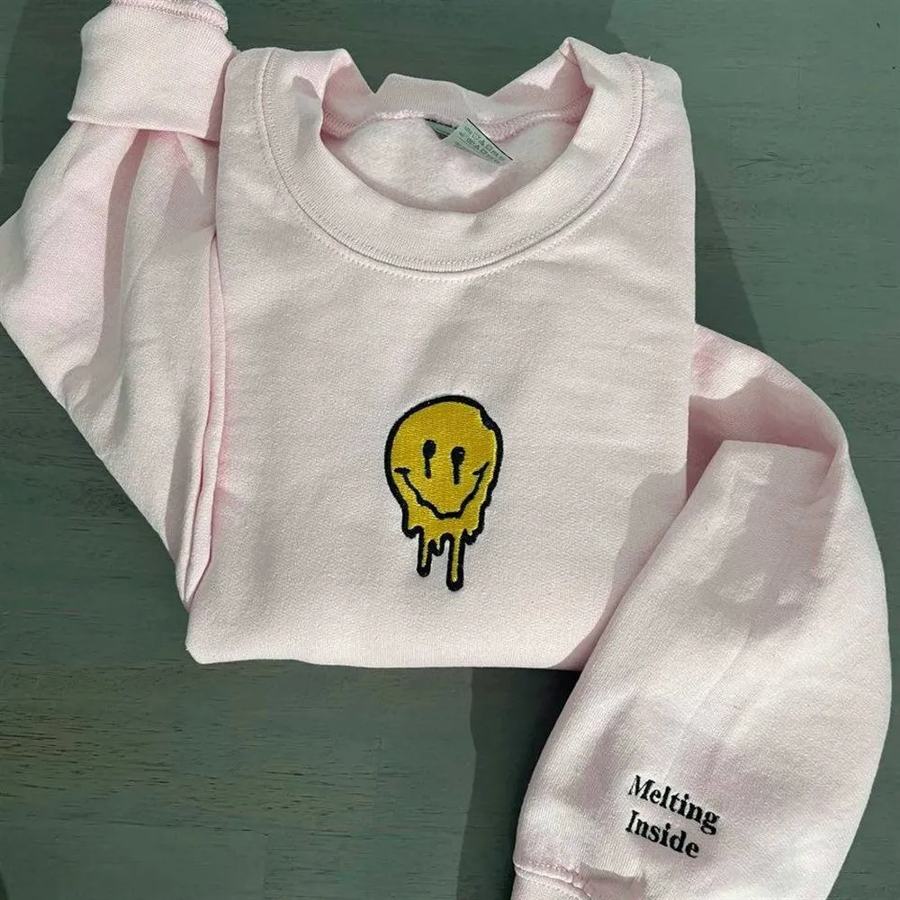 Melted Smiley Embroidered Sweatshirt, Women's Embroidered Sweatshirts