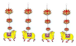 StepsToDo Pichwai Cow and Lotus Hanging. Wooden. Handmade Wall Decor. Jhumki Style Hanging. Cow Cutouts. (Yellow,Pack of 4 Hanging)