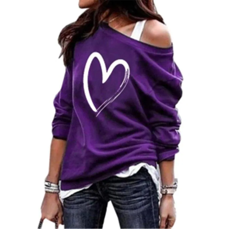 Women Casual Long Sleeve Off Shoulder Love Heart Printed Design Sweatshirt